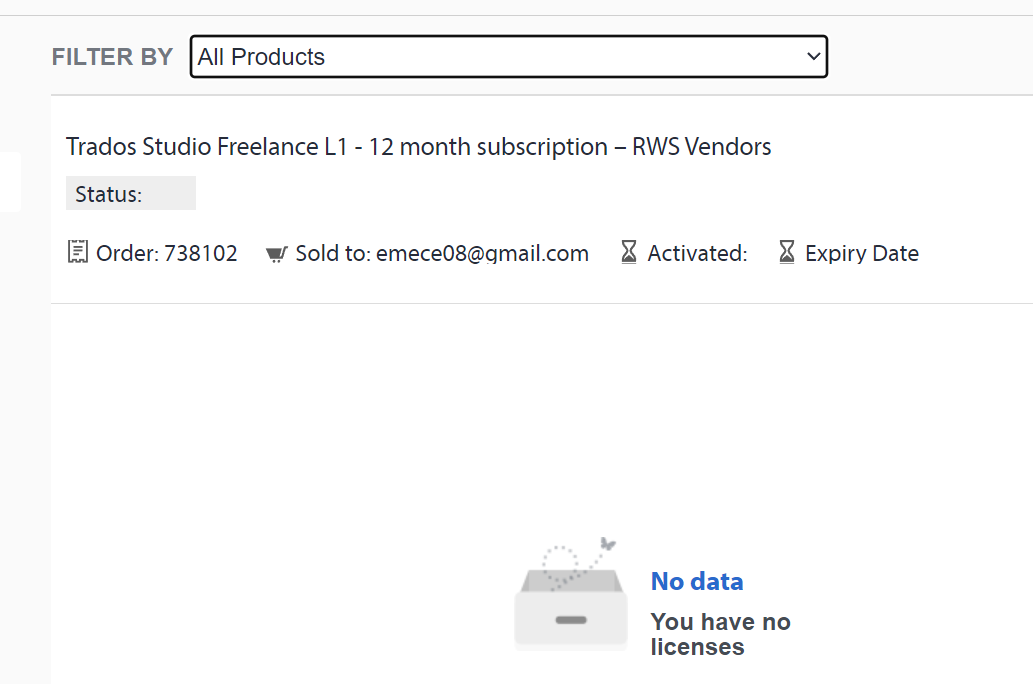 RWS profile page showing Trados Studio Freelance L1 - 12 month subscription with no activated licenses and a message 'No data You have no licenses'.