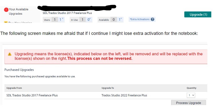 Screenshot of Trados Studio upgrade warning message stating 'Upgrading means the license(s), indicated below on the left, will be removed and will be replaced with the license(s) shown on the right. This process can not be reversed.' with an option to process the upgrade.
