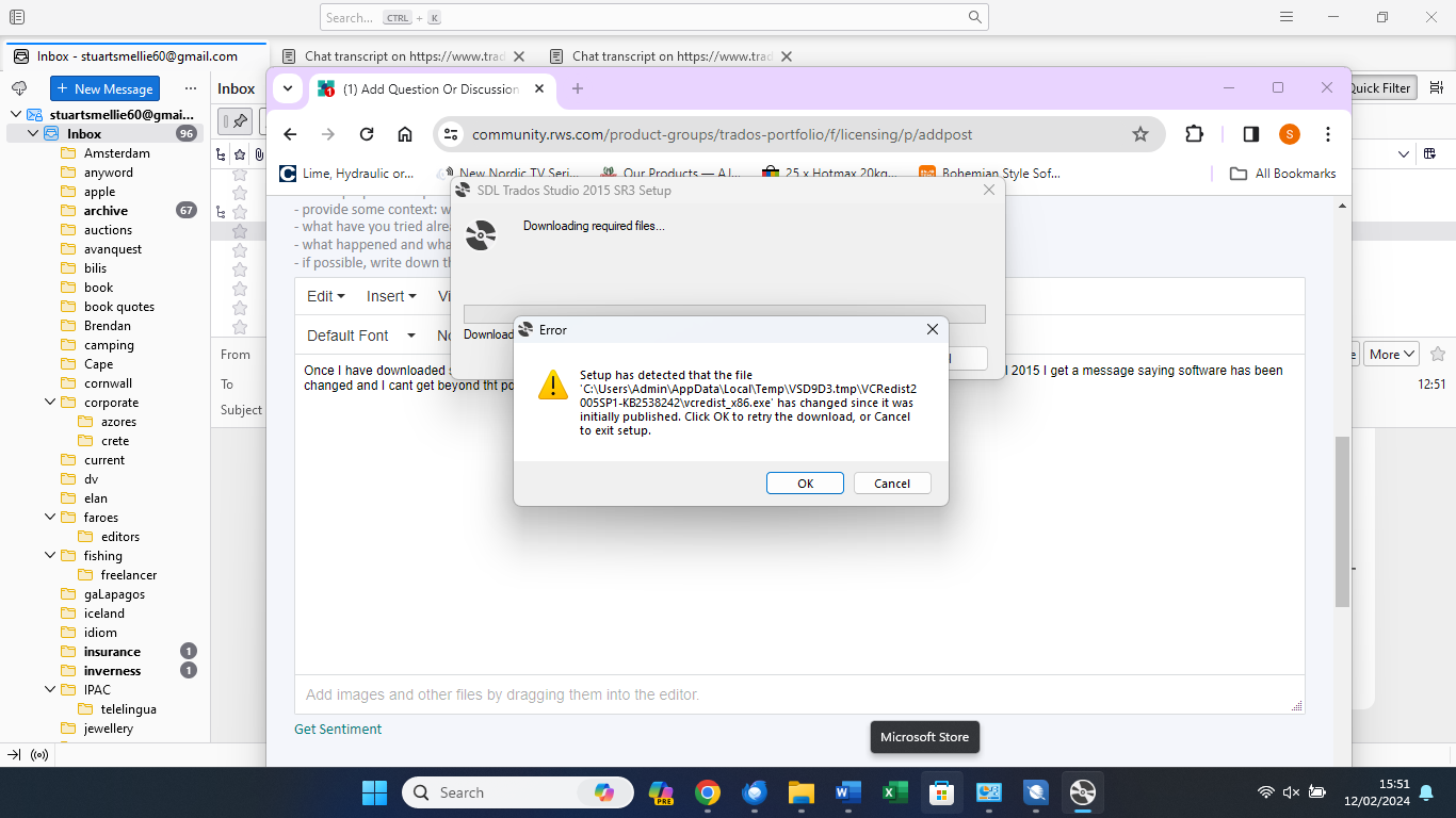 Error message during Trados Studio 2015 installation stating 'Setup has detected that the file C:UsersAdminAppDataLocalTempVSD9D3.tmpVCRedistOOSPP1-KB2538242vcredist_x86.exe has changed since it was initially published.' with options to retry or cancel.