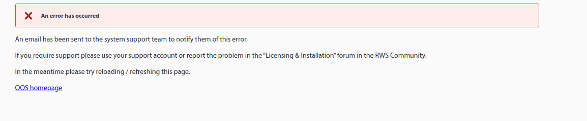 Error message in Trados Studio stating 'An error has occurred' with instructions to contact system support or report the problem in the RWS Community Licensing & Installation forum.