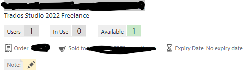 Screenshot of Trados Studio 2022 Freelance license status showing 1 user, 0 in use, and 1 available.