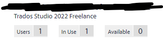Screenshot of Trados Studio 2022 Freelance license status showing 1 user, 1 in use, and 0 available.