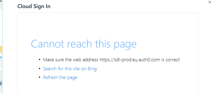 Browser error message in Trados Studio Cloud Sign In window saying 'Cannot reach this page' with suggestions to check the web address, search on Bing, or refresh the page.
