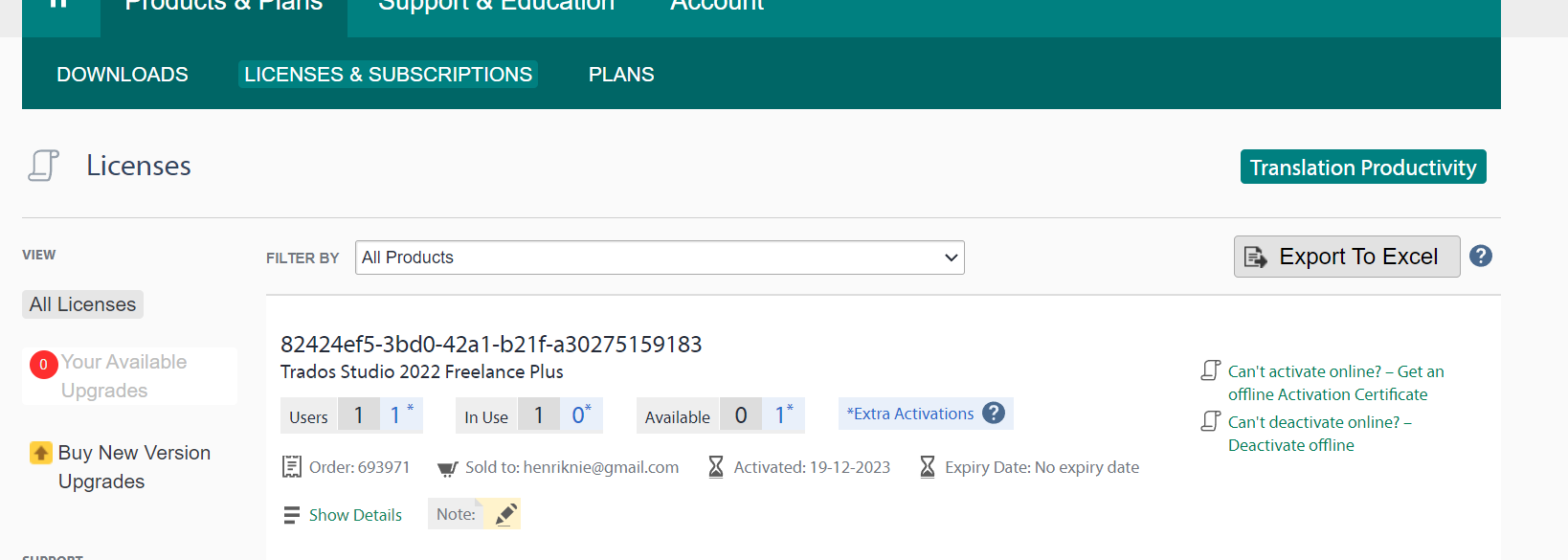 Trados Studio 2022 Freelance Plus license management screen showing 1 user, 1 license in use, 0 available, and 1 extra activation. Options to deactivate offline are visible.