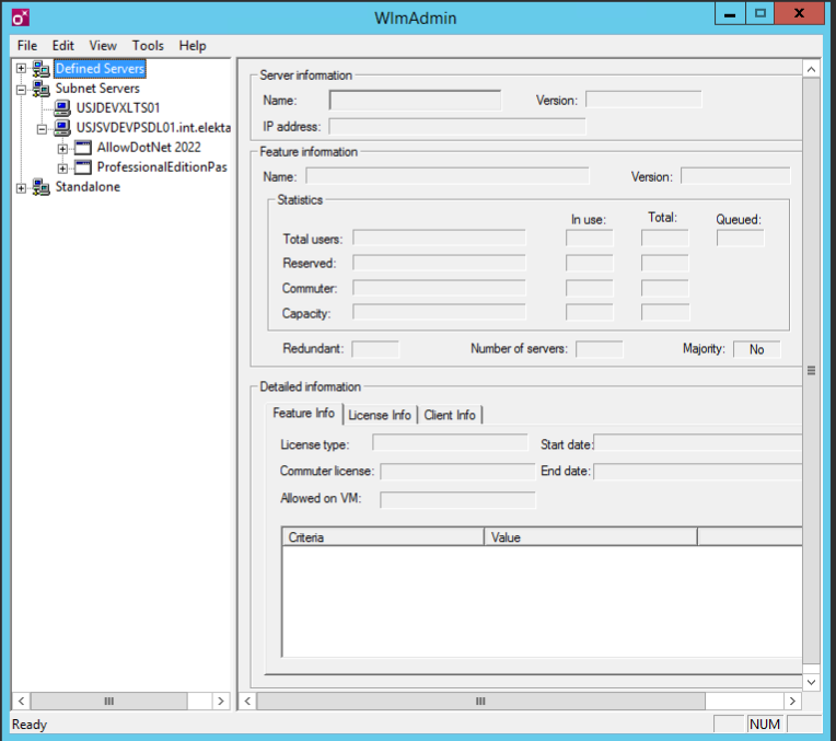 WlmAdmin tool interface with server and feature information fields empty, indicating missing collaboration.
