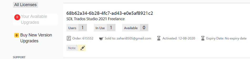 Close-up of Trados Studio license details showing order number, email it's sold to, activation date, and a note icon with an exclamation mark indicating a possible issue or important information.