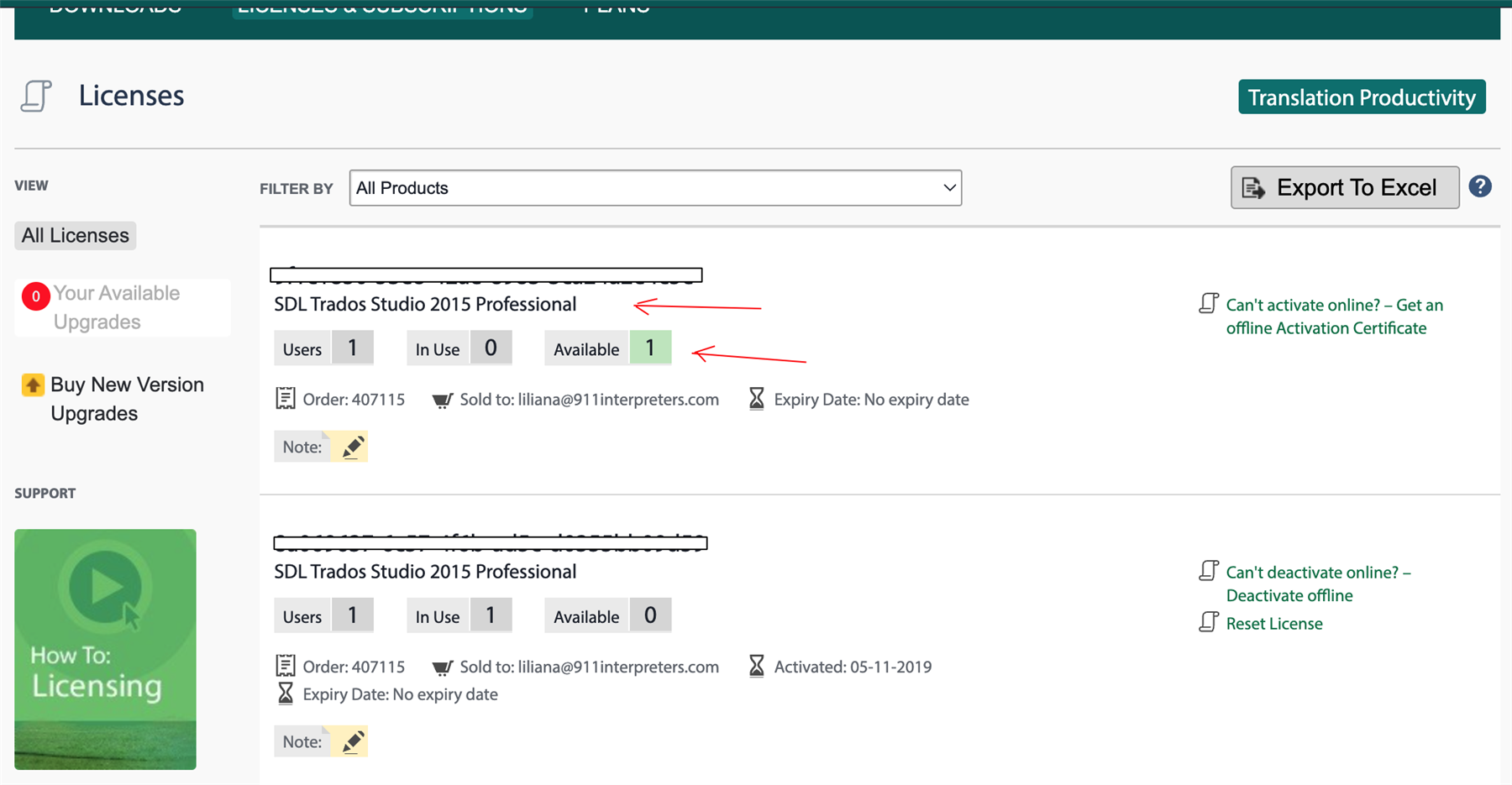 Screenshot of SDL Trados Studio 2015 Professional license management page showing one available upgrade and one license in use.