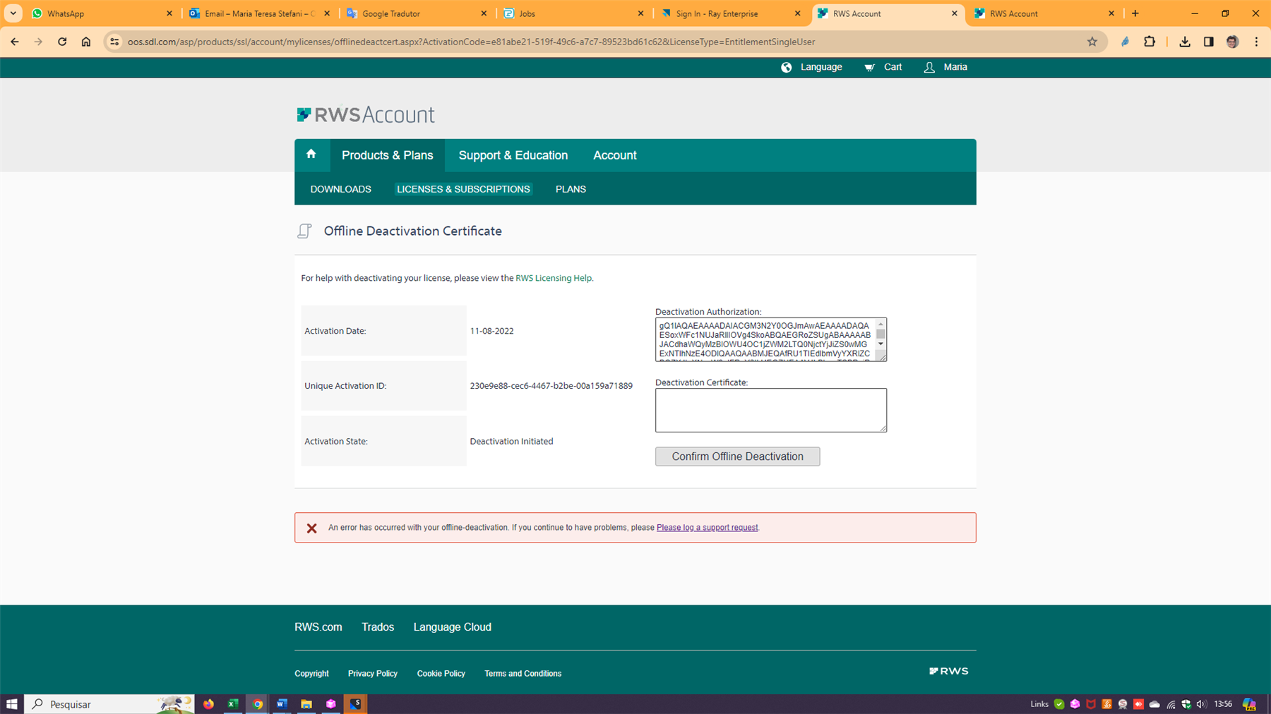 Screenshot of Trados Studio's RWS Account page showing an error message 'An error has occurred with your offline-deactivation. If you continue to have problems, please log a support request.'