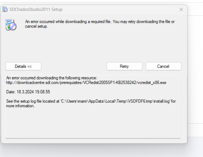 Error message during SDL Trados Studio 2011 setup indicating a problem downloading a required file with options to Retry or Cancel setup. Details and log file path are provided.