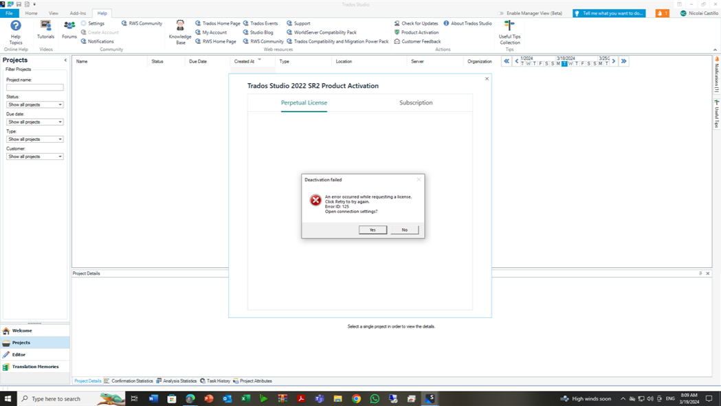 Error message in Trados Studio 2022 SR2 Product Activation dialog box saying 'Deactivation failed. An error occurred while requesting a license. Error ID: 125. Click Retry to try again. Open connection settings?' with Yes and No options.