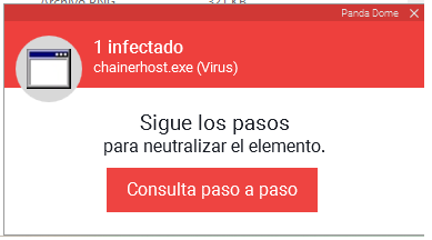 Antivirus alert from Panda Dome showing '1 infected chainerhost.exe (Virus)' with a button to 'Consult step by step' for neutralizing the virus.