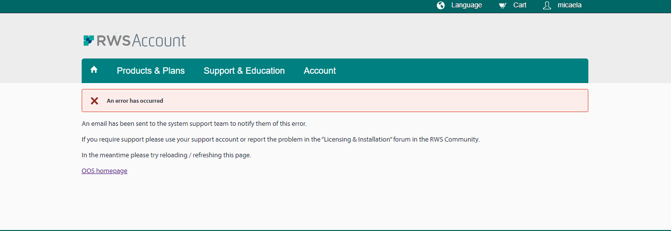 Error message on RWS Account page stating 'An error has occurred' with instructions to notify system support, use support account, or visit the RWS Community forum.