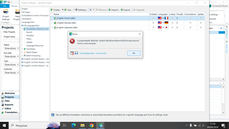 Screenshot of Trados Studio error message, 'The property defined as 'System.Windows.ResourceDictionary.Source' has initiated an Exception'. Options to click 'OK' or access 'Knowledge Base Community'.