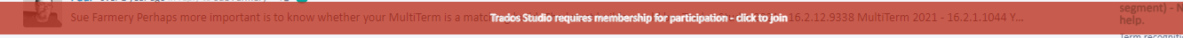 Red error bar at the bottom of Trados Studio screen indicating 'Trados Studio requires membership for participation - click to join'.