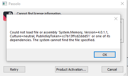Error message in Passolo stating 'Could not load file or assembly 'System.Memory, Version=4.0.1.1' with an OK button.