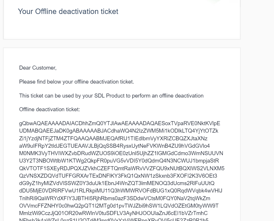 Email screenshot showing an offline deactivation ticket for Trados Studio with a block of alphanumeric code.