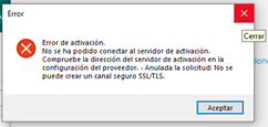Activation error dialog box in Trados Studio showing a message that it cannot connect to the activation server and to check the server address in the provider configuration. It mentions an SSLTLS secure channel cannot be created.