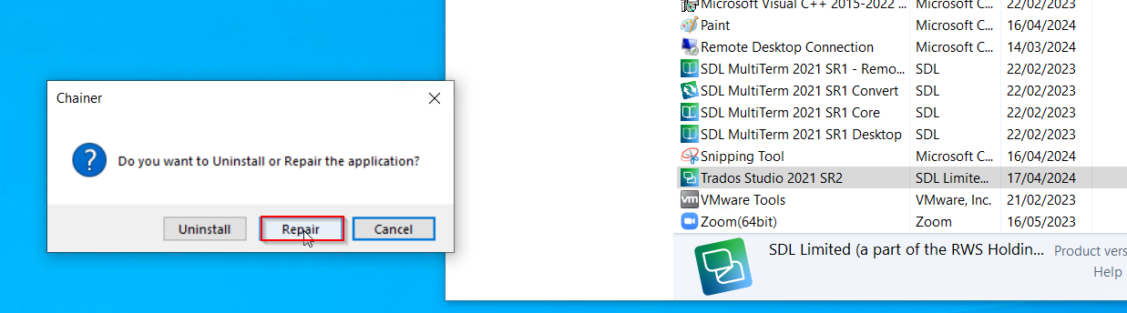 Chainer dialog box with a question 'Do you want to Uninstall or Repair the application?' with options 'Uninstall,' 'Repair' highlighted, and 'Cancel.'