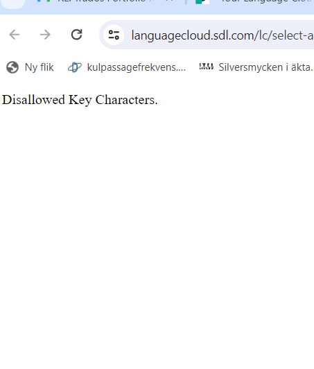 Screenshot of Trados Studio error message displaying 'Disallowed Key Characters' on a web page with URL 'languagecloud.sdl.comlcselect-a'.