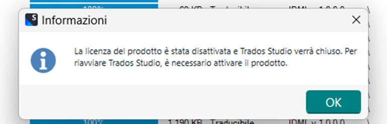 Information message in Trados Studio, 'The product license has been deactivated and Trados Studio will be closed. To restart Trados Studio, product activation is required.' with an 'OK' button.