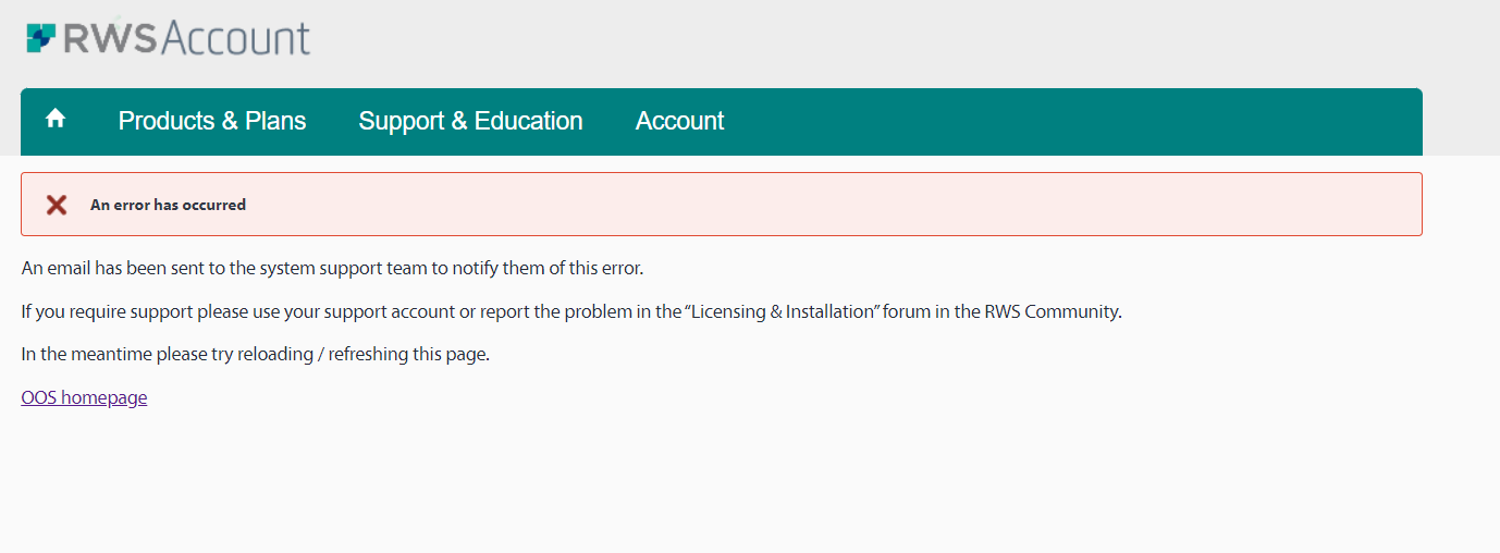 Screenshot of an error message on RWS Account page stating 'An error has occurred' with instructions to notify system support, seek support, or try reloading the page.