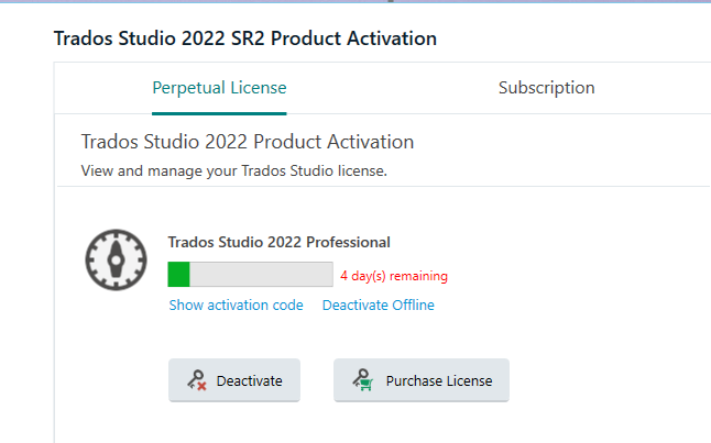 Screenshot of Trados Studio 2022 SR2 Product Activation window showing a perpetual license with a notification that reads '4 day(s) remaining' for Trados Studio 2022 Professional.