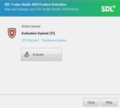 SDL Trados Studio 2019 Product Activation window showing an error message 'Evaluation Expired 37' with options to sign into SDL Account or Purchase a license, and an Activate button.