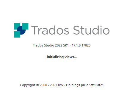 Screenshot of SDL Trados Studio 2022 SR1 startup screen with version number 17.1.8.17828, displaying the message 'Initializing views...'.