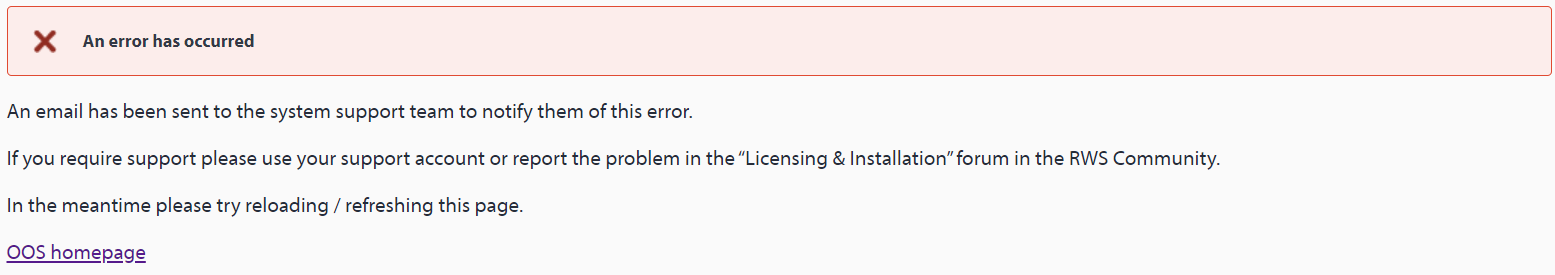 Error message displayed in red box stating 'An error has occurred' with instructions to refresh the page and links to support and the OOS homepage.