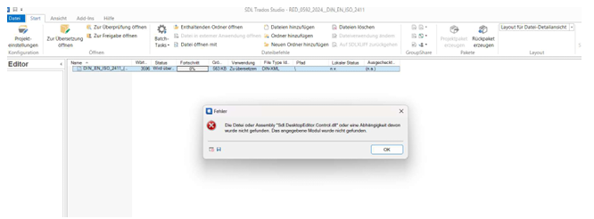 SDL Trados Studio error dialog box stating 'The file or assembly Sdl.DesktopEditor.Control.dll or a dependency thereof has not been found. The specified module has not been found.' with an OK button.