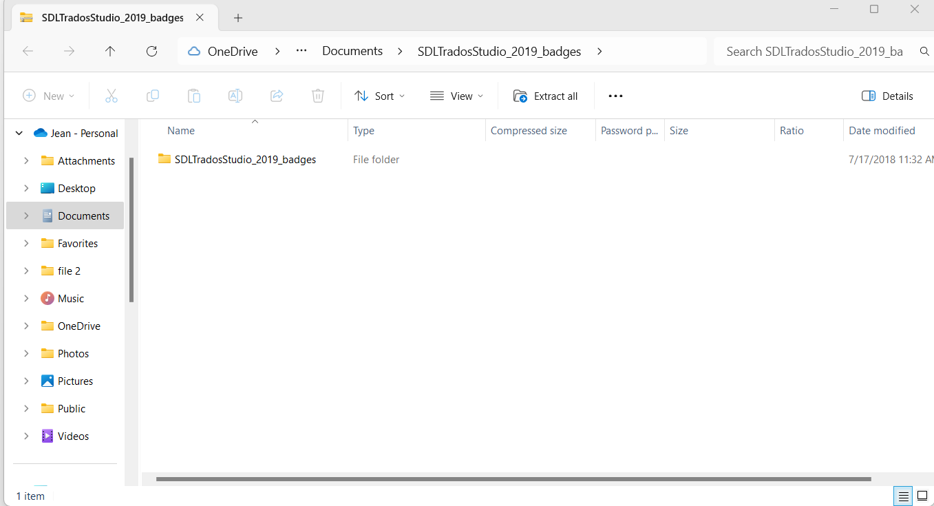 File Explorer window with 'SDLTradosStudio_2019_badges' folder inside 'Documents', indicating a compressed file folder.