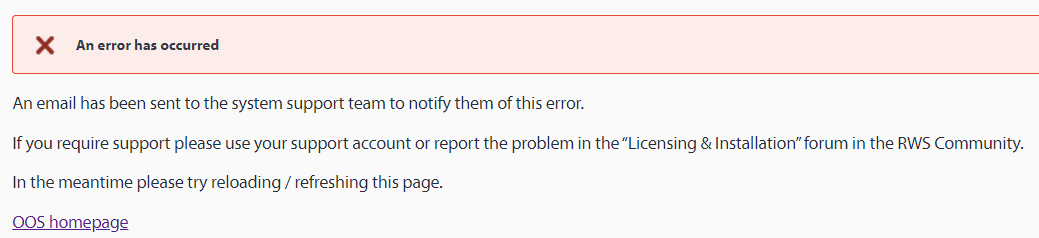 Error message on a webpage indicating 'An error has occurred' with instructions to reload the page and links to the support account and RWS Community forum.