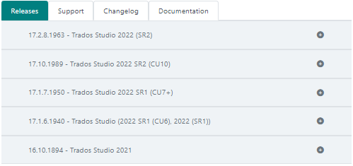 Screenshot of a software release page showing a list of Trados Studio versions. Versions include 17.2.8.1963 for Trados Studio 2022 (SR2), 17.1.0.1989 for Trados Studio 2022 SR2 (CU10), 17.1.7.1950 for Trados Studio 2022 SR1 (CU7+), 17.1.6.1940 for Trados Studio (2022 SR1 (CU6), 2022 (SR1)), and 16.1.0.1894 for Trados Studio 2021.