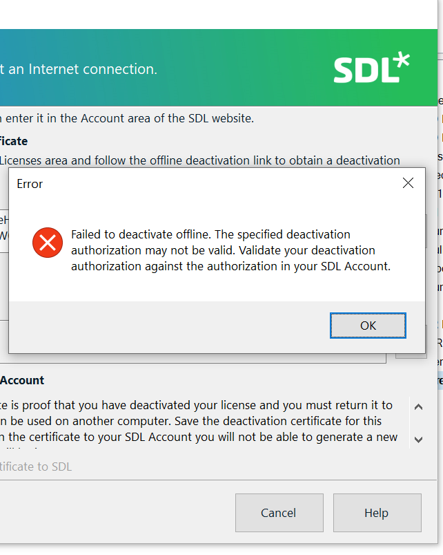 Screenshot of an error message from SDL software stating 'Failed to deactivate offline. The specified deactivation authorization may not be valid. Validate your deactivation authorization against the authorization in your SDL Account.' with an OK button.
