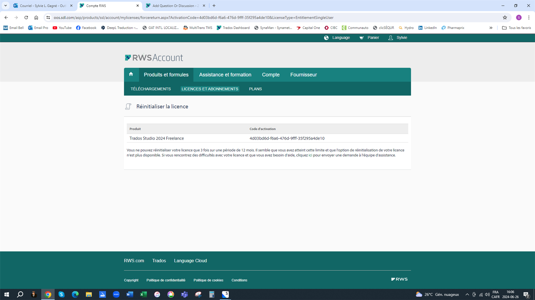 Screenshot of RWS account webpage with a message stating the license for Trados Studio 2024 Freelance cannot be reset more than three times in a 12-month period, suggesting to contact support.