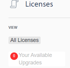 Close-up of RWS Account Licenses tab displaying a red notification bubble with a zero, indicating no available upgrades.