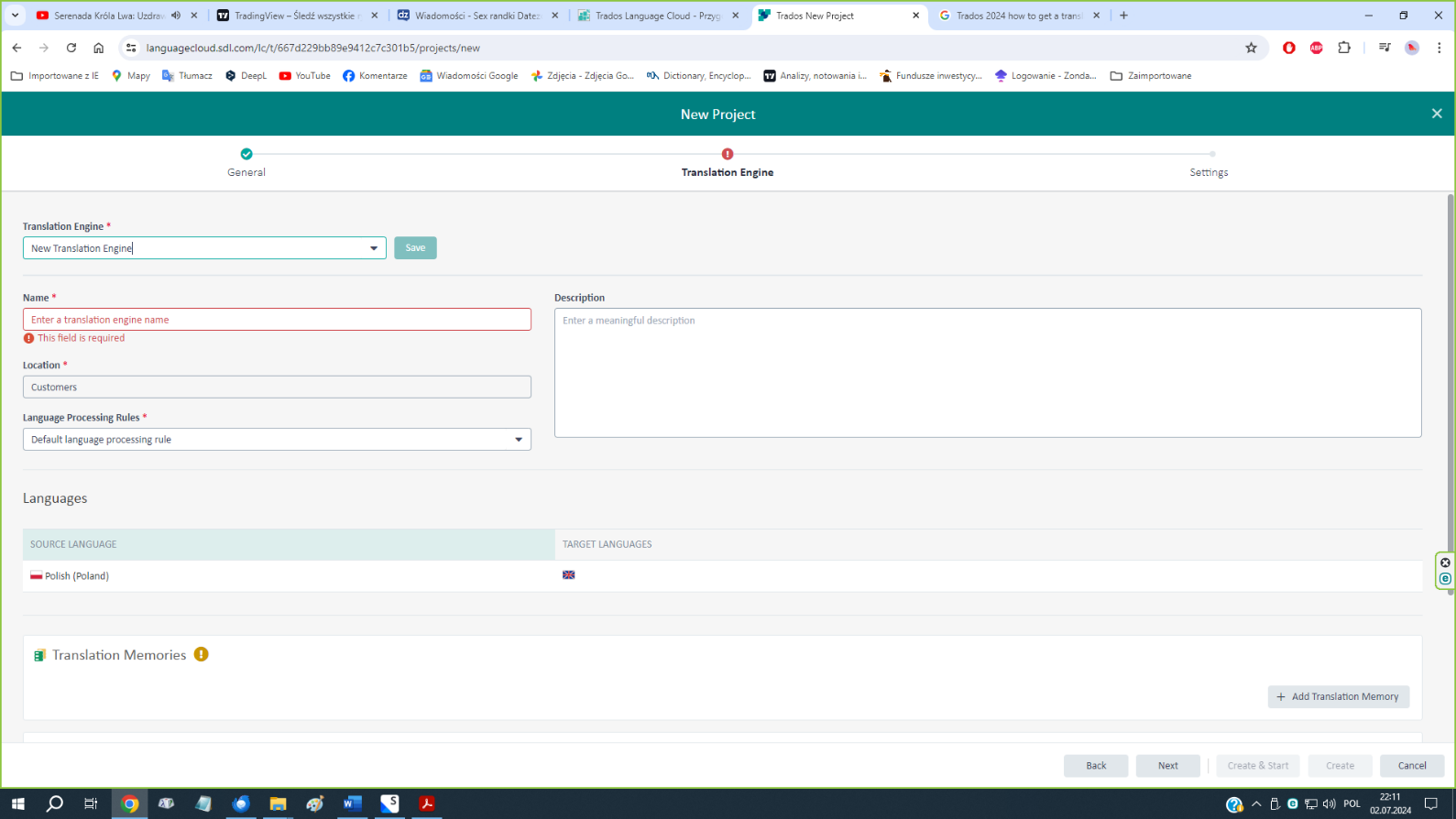 Screenshot of Trados Language Cloud interface showing a 'New Project' creation page with an error indicating 'Name' field is required for 'Translation Engine'. The 'Source Language' is set to Polish (Poland).
