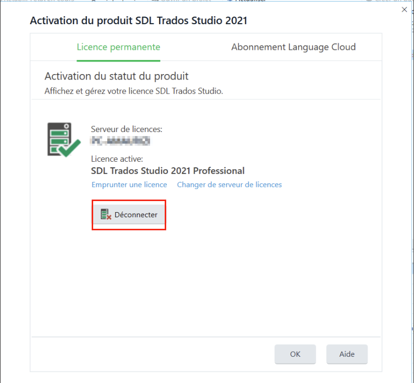 Trados Studio 2021 product activation window showing a permanent license with an option highlighted to 'Disconnect'.