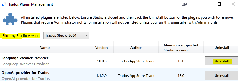 Trados Plugin Management window showing Language Weaver Provider selected with an option to uninstall.