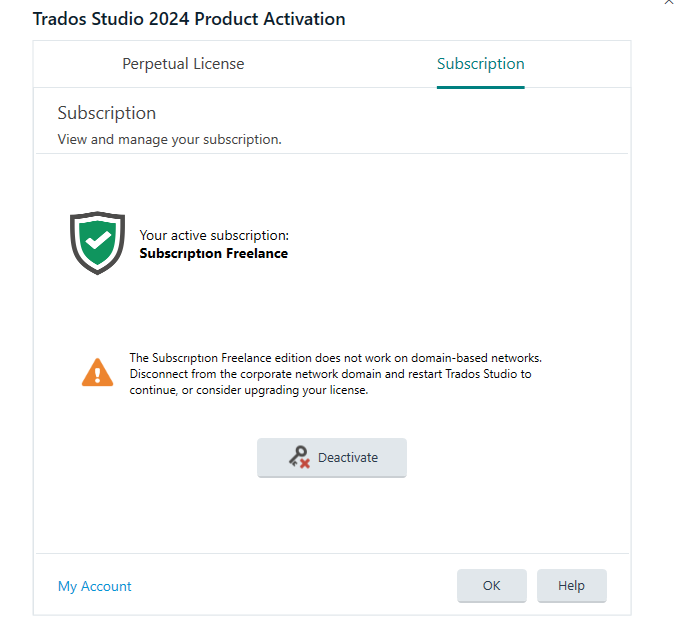 Trados Studio 2024 Product Activation window showing Subscription tab with a green checkmark indicating an active subscription: Subscription Freelance. A warning message states the Freelance edition does not work on domain-based networks and suggests disconnecting from the corporate network or upgrading the license.