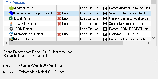 Screenshot of Passolo File Parsers settings showing errors. Embarcadero DelphiC++ Builder Parser, Excel Parser, and .NET Microsoft .NET Parser have red error icons. A message reads 'Requested feature is not available'.