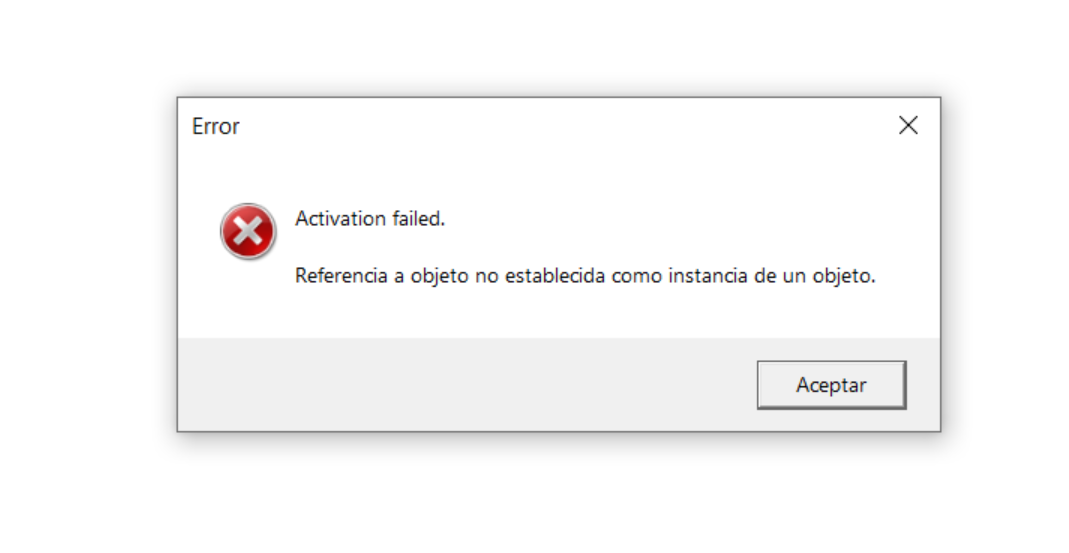 Error dialog box with a red cross icon, title 'Error', message 'Activation failed. Reference to an object not set as an instance of an object.', and an 'Accept' button.