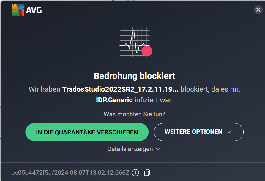 AVG antivirus notification in German, stating a threat has been blocked. The file TradosStudio2022SR2 is infected with IDP.Generic. Options to quarantine or see more options are available.