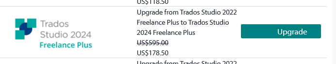 Screenshot showing Trados Studio 2024 Freelance Plus upgrade pricing. Original price crossed out at $595.00, with new price listed as $178.50.