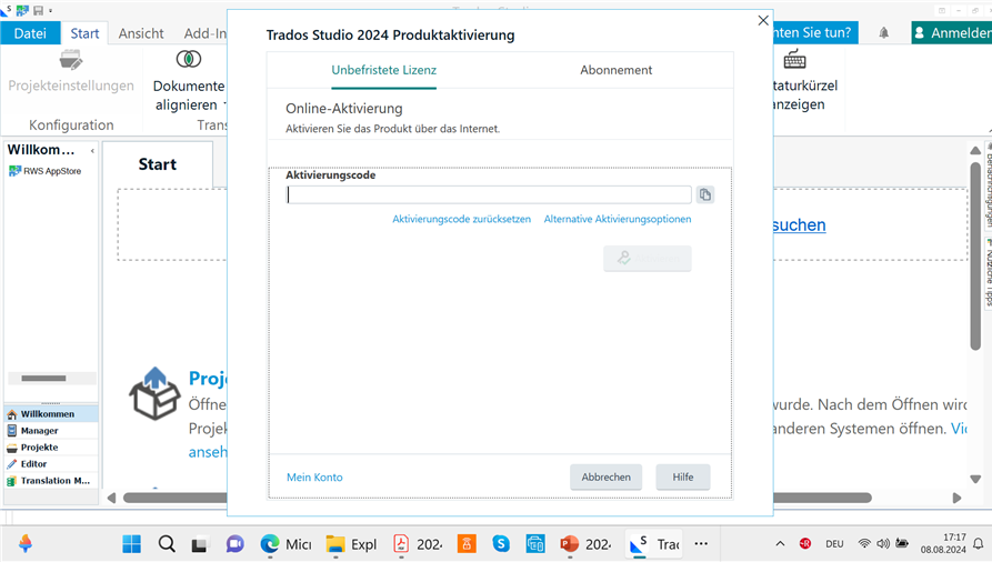 Screenshot of Trados Studio 2024 Product Activation window with an empty field for Activation Code and options for resetting activation code and alternative activation options.
