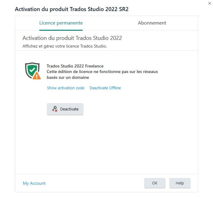 Trados Studio 2022 SR2 product activation window with a message stating 'Trados Studio 2022 Freelance. This license edition does not work on domain-based networks.' Options to show activation code, deactivate offline, and a deactivate button are visible.