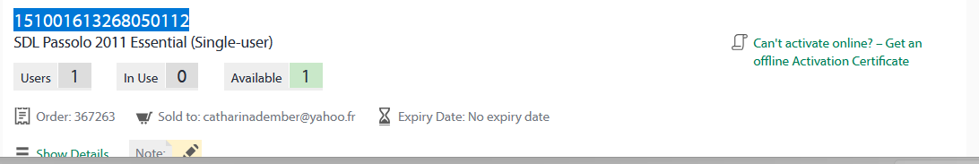 SDL Passolo 2011 Essential (Single-user) license information showing 1 user, 0 in use, 1 available, with an activation code and a note 'Can't activate online? - Get an offline Activation Certificate'.