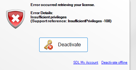 Error message displaying 'Error occurred retrieving your license. Insufficient privileges (Support reference: InsufficientPrivileges -108)' with a deactivated shield icon and a Deactivate button.
