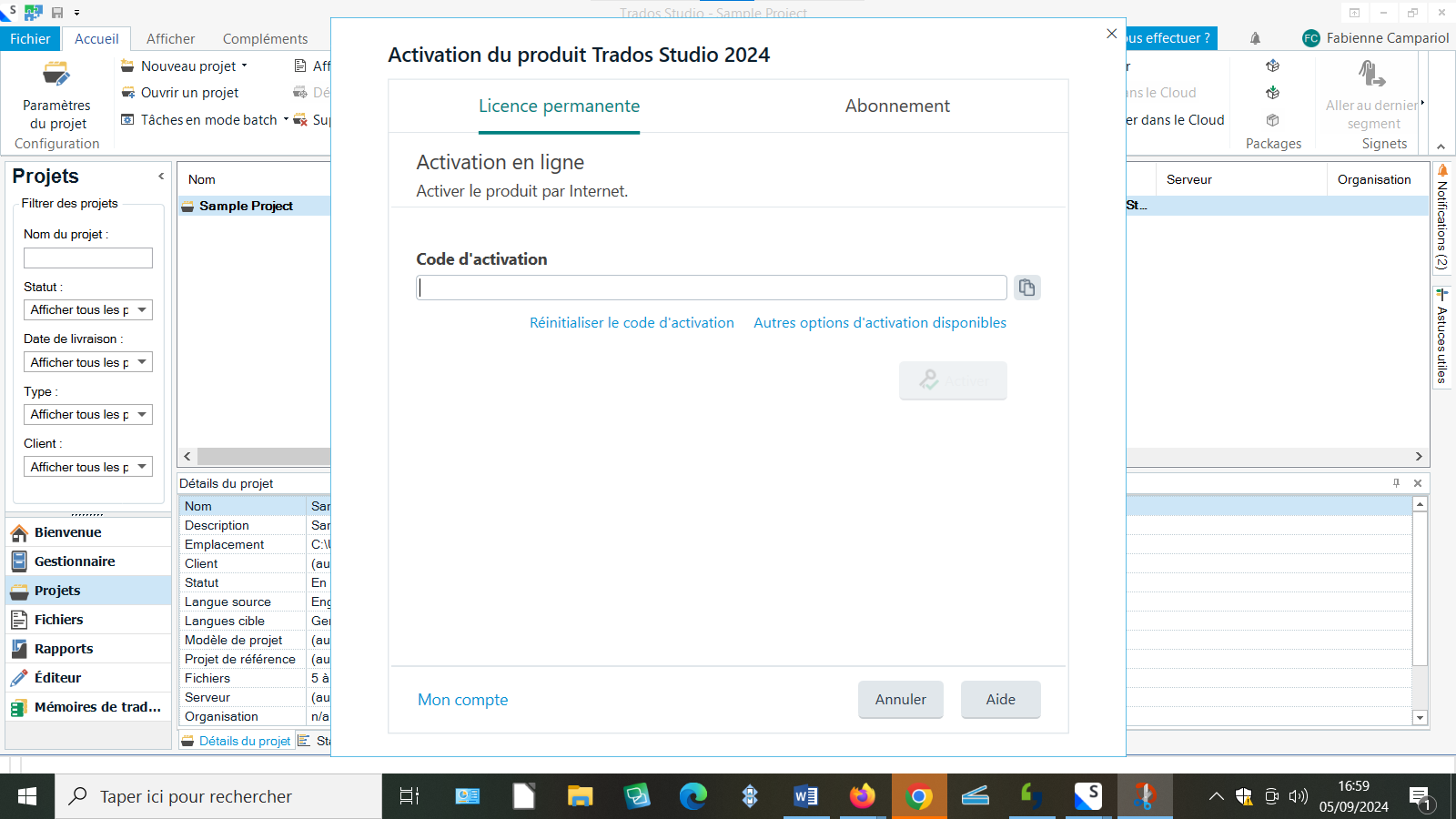 Screenshot of Trados Studio 2024 activation window with empty activation code field. Options for 'Reset activation code' and 'Other activation options available' are visible. The 'Activate' button is grayed out.