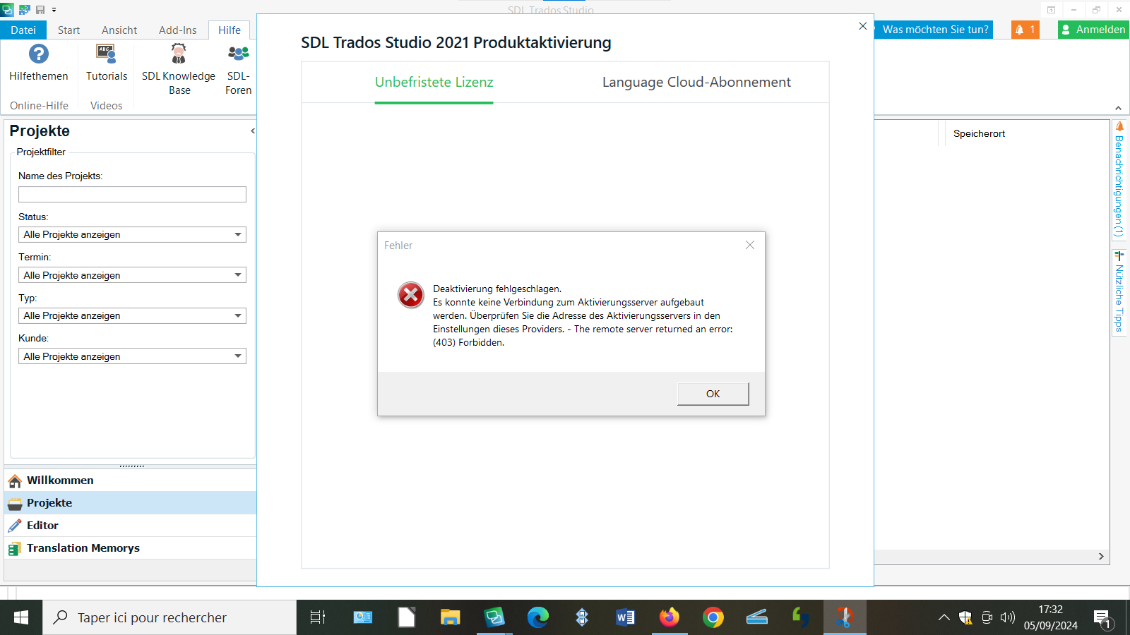 Screenshot of SDL Trados Studio 2021 product activation window with an error message stating 'Deactivation failed. No connection could be made to the activation server. Check the server address in the settings of this provider. - The remote server returned an error: (403) Forbidden.'